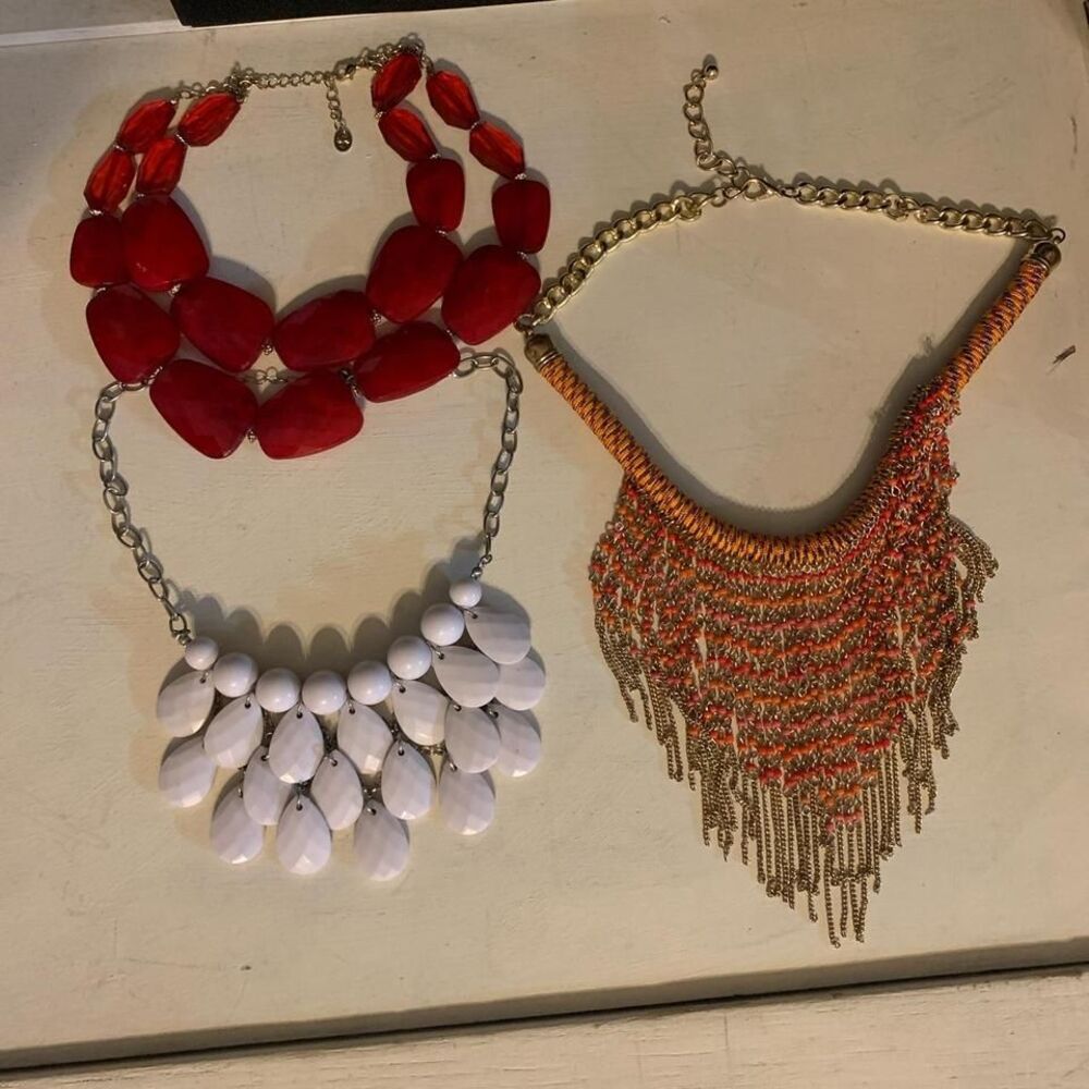 3‎ Vintage Funky Collar Necklaces. White/red/orange